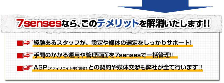 7sensesなら、このデメリットを解消します!!【経験あるスタッフが、設定や媒体の選定をしっかりサポート!】【むずかしい運用管理画面を一括管理!!】【ASP（アフィリエイト仲介業者）との契約や媒体交渉も弊社が全て行います!!】