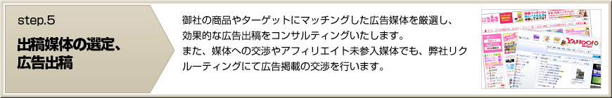 【出稿媒体の選定、広告出稿】御社の商品やターゲットにマッチングした広告媒体を厳選し、効果的な広告出稿をコンサルティングいたします。また、媒体への交渉やアフィリエイト未参入媒体でも、弊社リクルーティングにて広告掲載の交渉を行います。